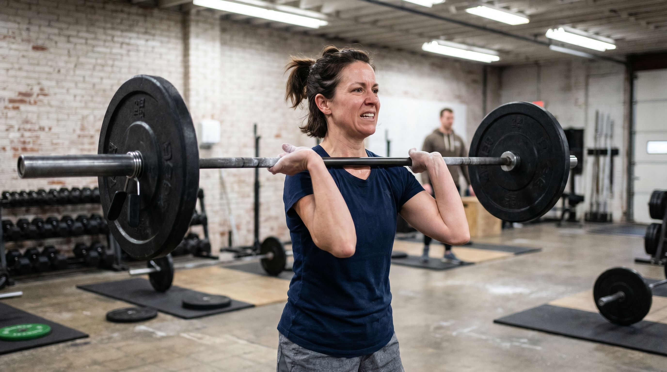 Atleta femenina ejecutando un snatch en pleno WOD de competición CrossFit con polvo de tiza en el aire