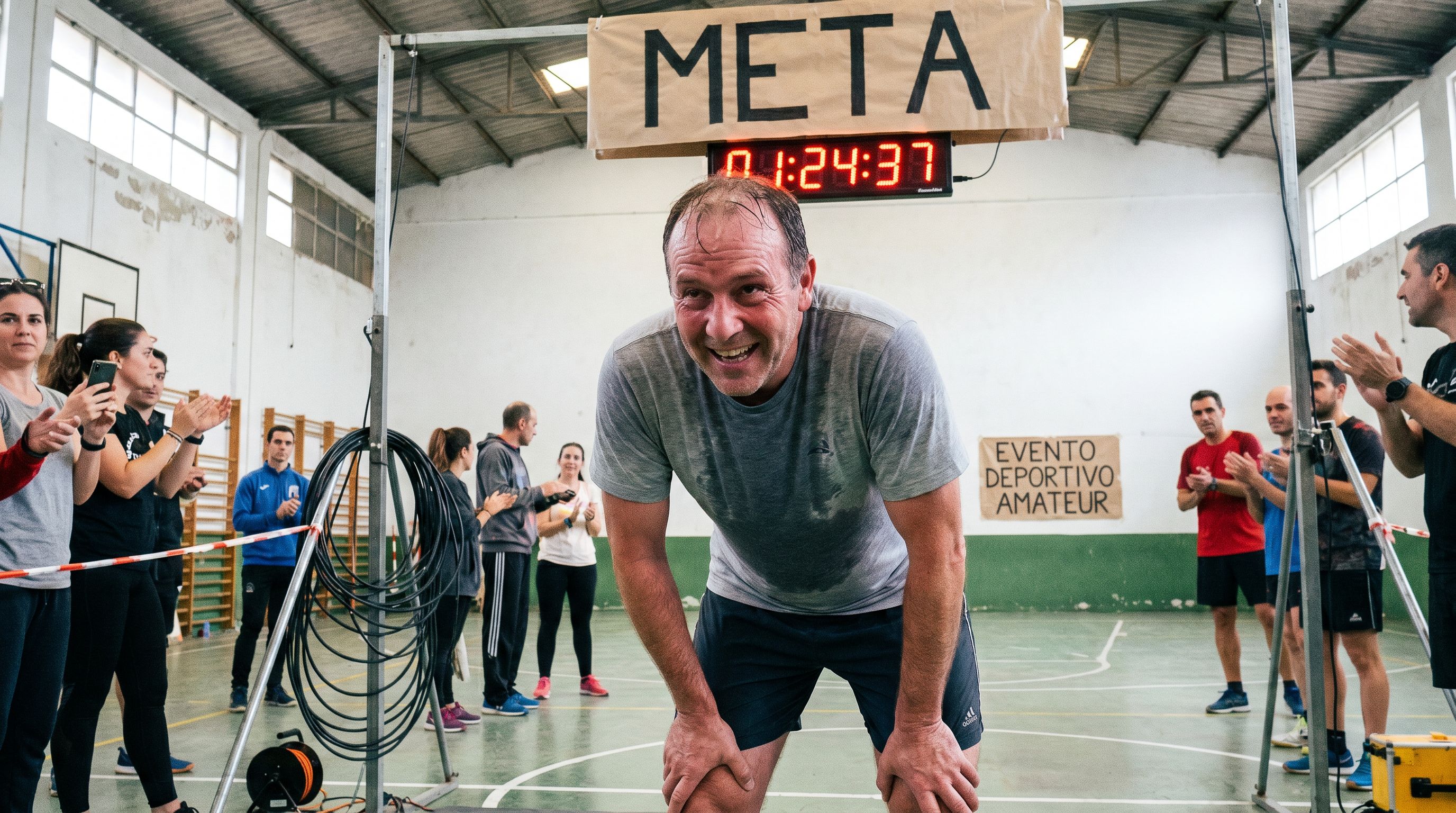 Atleta cruzando la meta en una competición indoor con los brazos en alto y el público difuminado al fondo