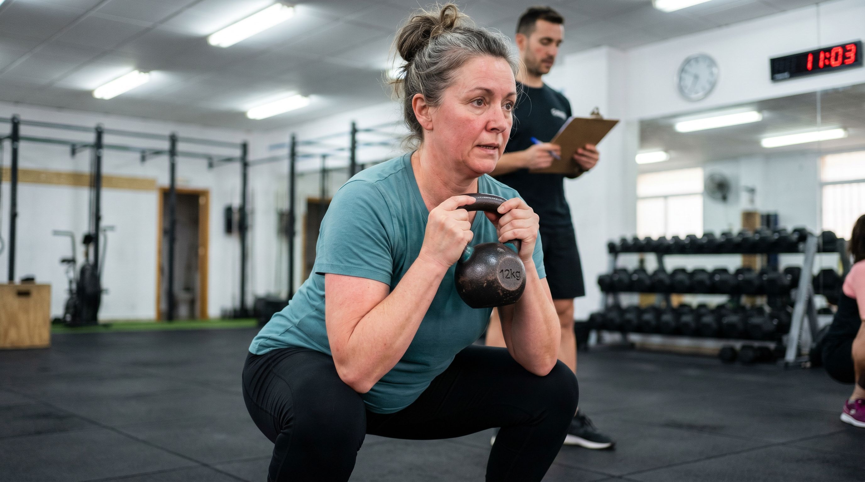 Mujer de unos 60 años haciendo una sentadilla con kettlebell en un gimnasio de barrio