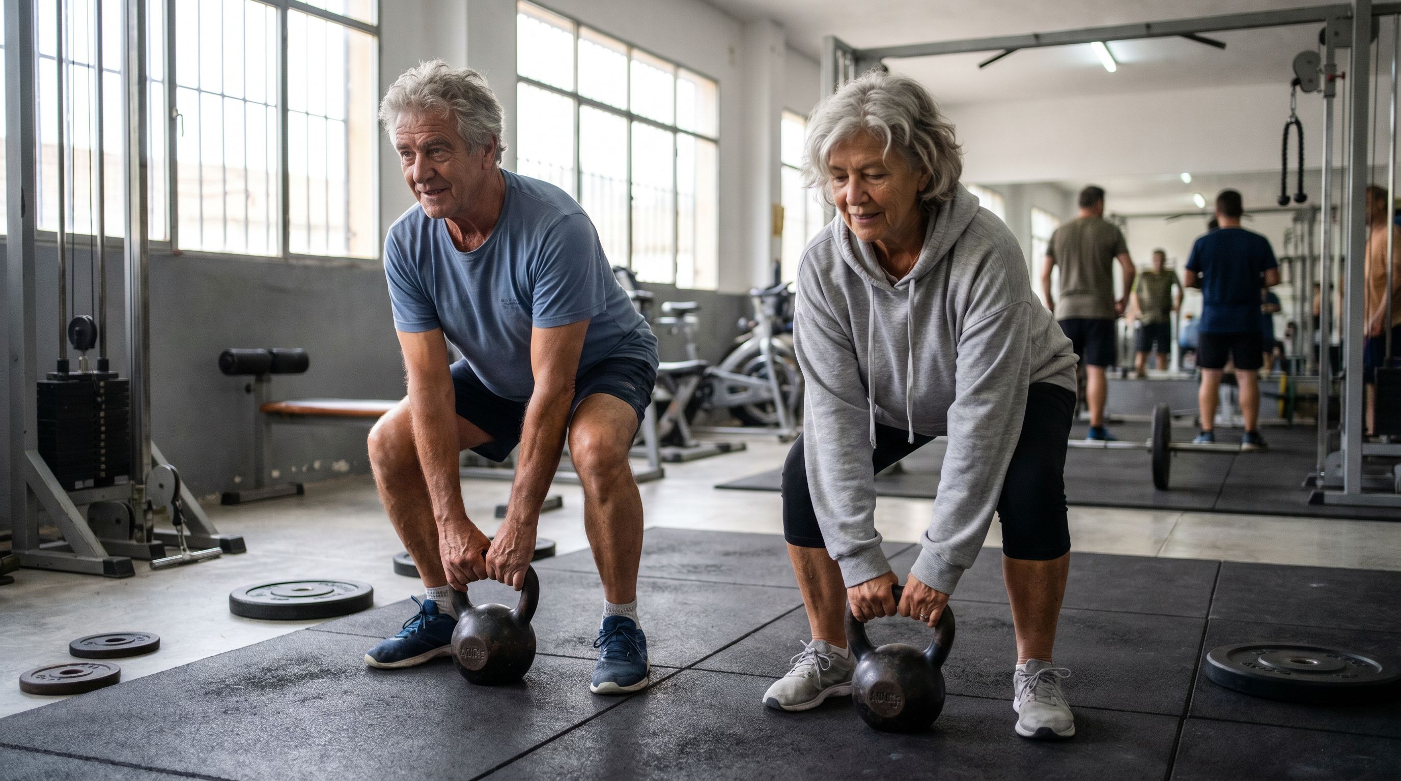 Pareja en sus sesenta entrenando con kettlebells ligeras en un gimnasio de barrio